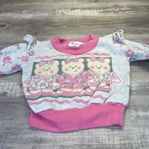Hopscotch 12 Months Girls Teddy Bear Pink Floral Sweatshirt Vintage 90s